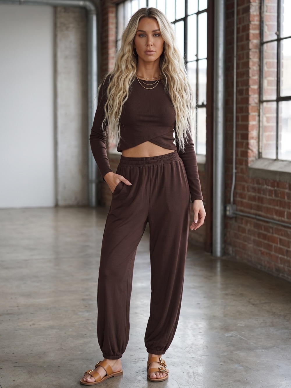 NWT Soft Tulip Set Long Sleeve Crop Top and Jogger Pants Brown